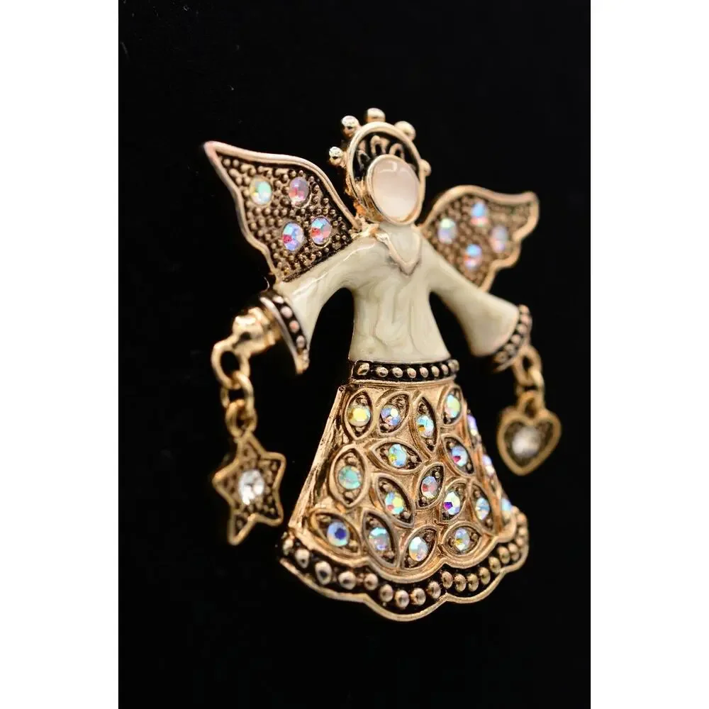 KC Vintage Christmas Angel Pin Brooch Star Heart AB Rhinestone Signed 90s Bin5A